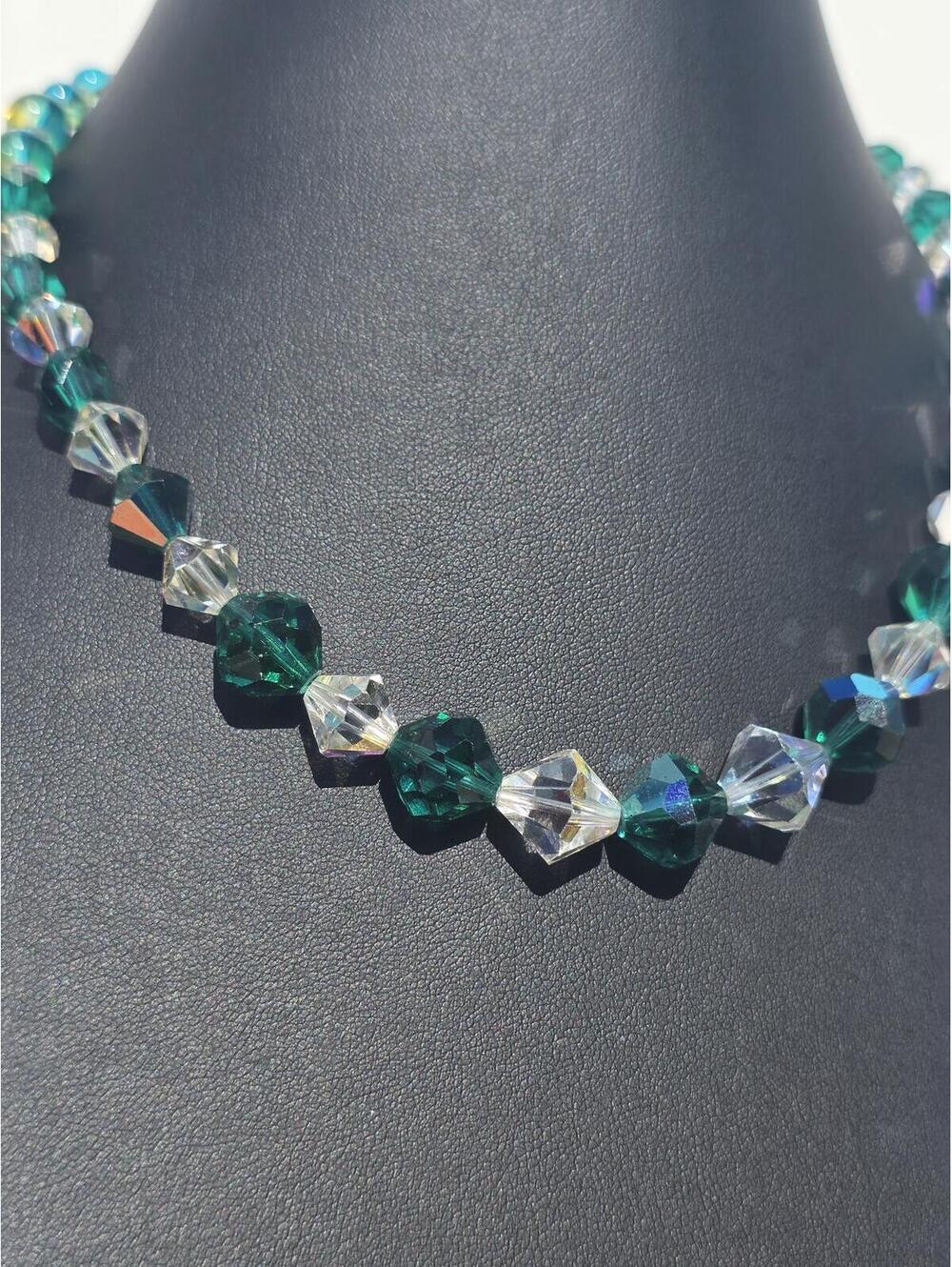 Vintage Austrian Crystal Necklace, Emerald & Forest Green Sparkling AB Beads